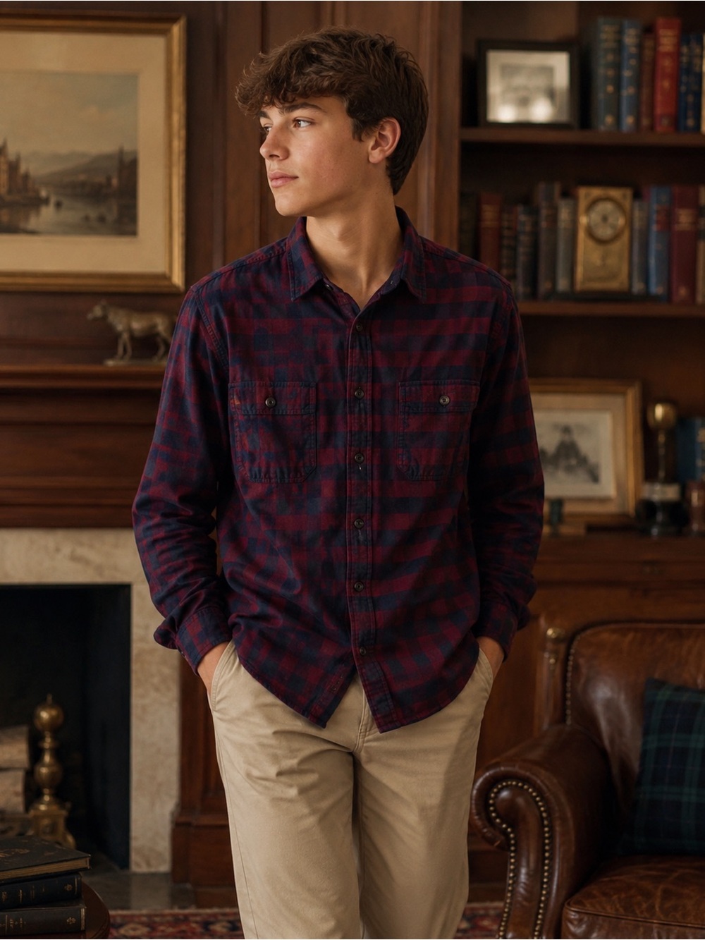 J Crew Flannel Mens Large Red Blue Check Button Up Long Sleeve Casual Preppy